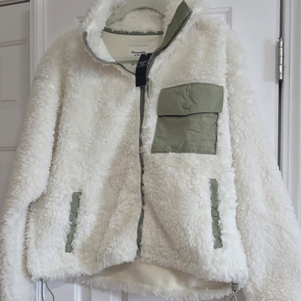 Abercrombie & Fitch White Sherpa Jacket with Green Accents